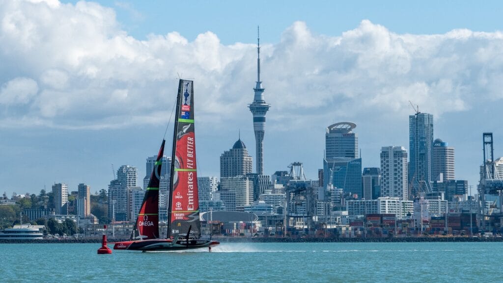 Emirates Team New Zealand on the water in Auckland.