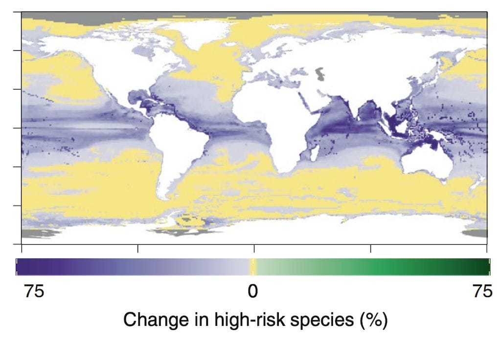 Map showing the change in high-climate-risk species between SSP5-8.5 and SSP1.2-6. Purple shading indicates a decline in risk. 