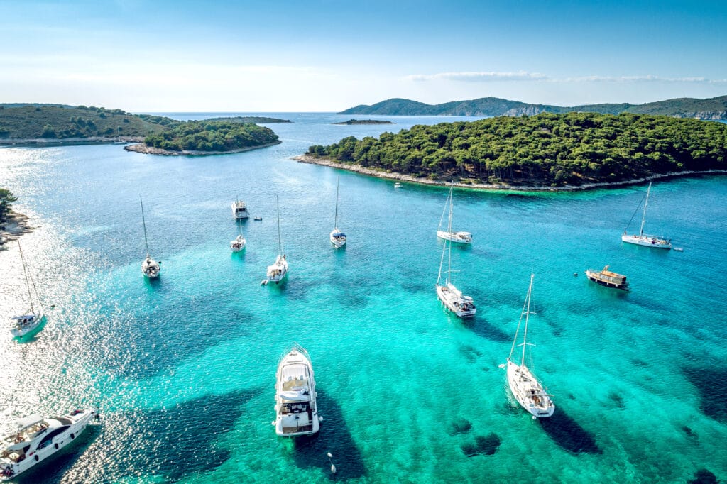 Aerial view of bay with boats