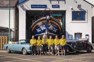 Auctioned cars outside Ramsey RNLI station