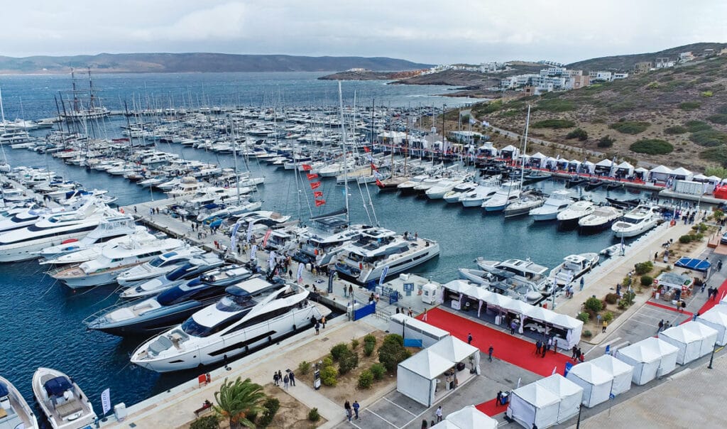 Marina full of boats on display for a yacht show.