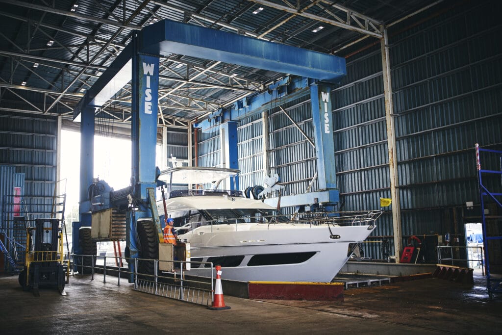 Princess Yachts large motoryacht in hoist