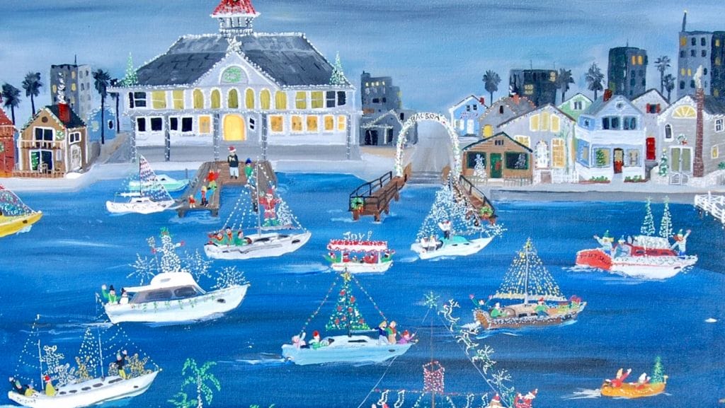 A painting by folk artist Alexa Alexander capturing the wonderment of the holidays and classic Christmas Boat parade