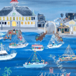 A painting by folk artist Alexa Alexander capturing the wonderment of the holidays and classic Christmas Boat parade