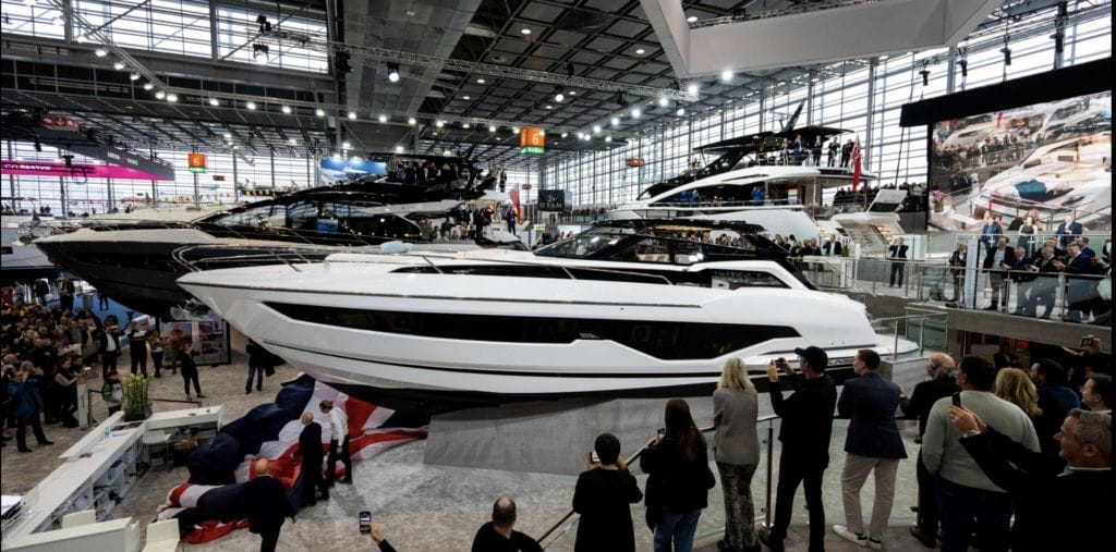 Sunseeker Superhawk 55 large motorboat on show at indoor boat show