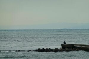 man on rock fishing in Japan