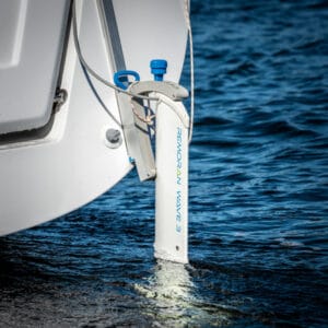 Remoran marine hydrogenerators shown on stern of the boat in the water