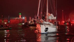 A hero's welcome in the legendary channel of Les Sables d'Olonne despite a late arrival trapped by no wind (credit Rob Havill GGR2022)