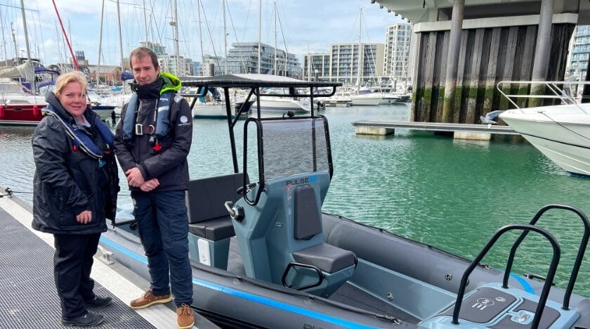 LR MDL and RS Electric Boats Pulse 63 with Lauren McCann (Ocean Village marina manager) and James Bills