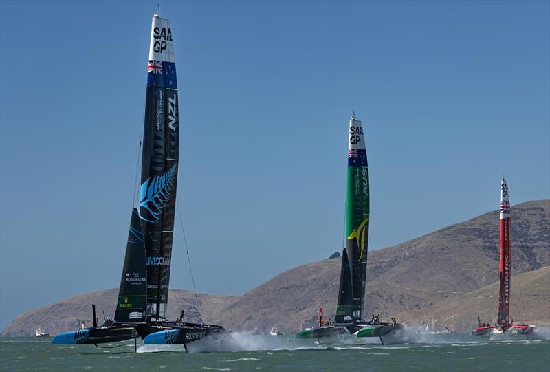 New Zealand SailGP Team Australia SailGP Team and Emirates Great Britain SailGP Team in action on Race Day 1 of the ITM New Zealand Sail Grand Prix in Christchurch photo © David Gray SailGP