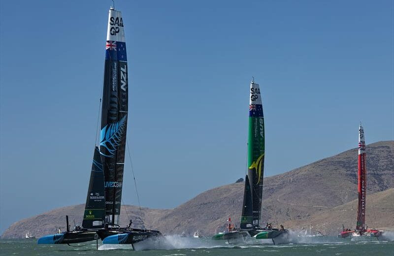 New Zealand SailGP Team Australia SailGP Team and Emirates Great Britain SailGP Team in action on Race Day 1 of the ITM New Zealand Sail Grand Prix in Christchurch photo © David Gray SailGP