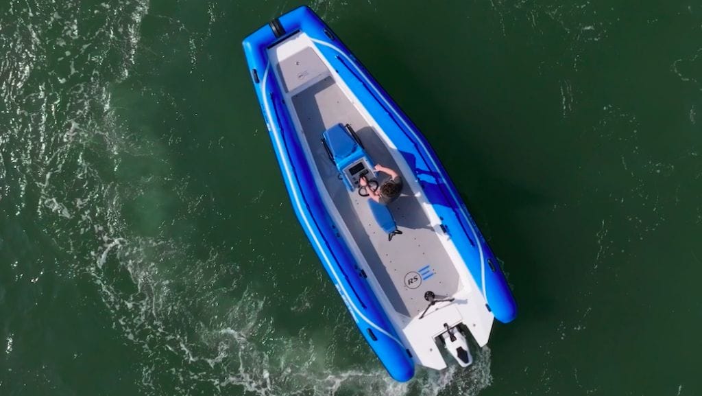 RS Electric Boats Pulse 63 view from above on water with RAD40 propulsion