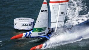 France SailGP Team helmed by Quentin Delapierre in action on Race Day 2 of the ITM New Zealand Sail Grand Prix in Christchurch, New Zealand. Sunday 19th March 2023. Photo: David Gray for SailGP. Handout image supplied by SailGP