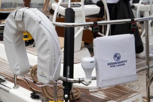 Man overboard equipment attached to the transom of a sailing yacht