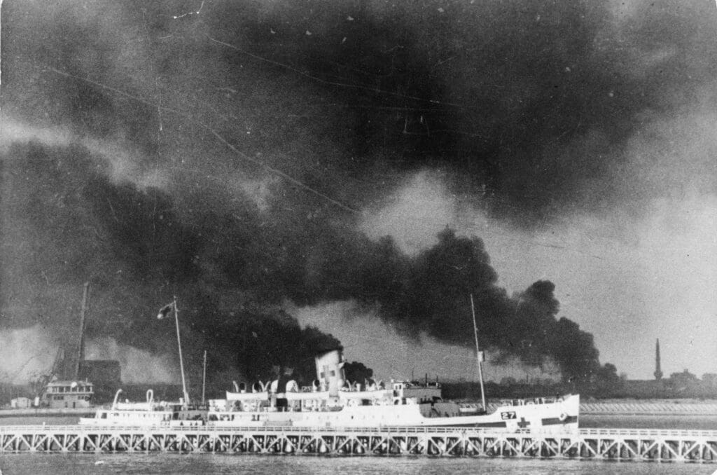 Hospital Carrier St. David by the East Mole at Dunkirk. The St. David was survived although damaged, but the Hospital Carrier Paris was sunk and is one of the wrecks to be surveyed.