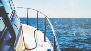 View from the deck of a boat over the bow towards the horizon