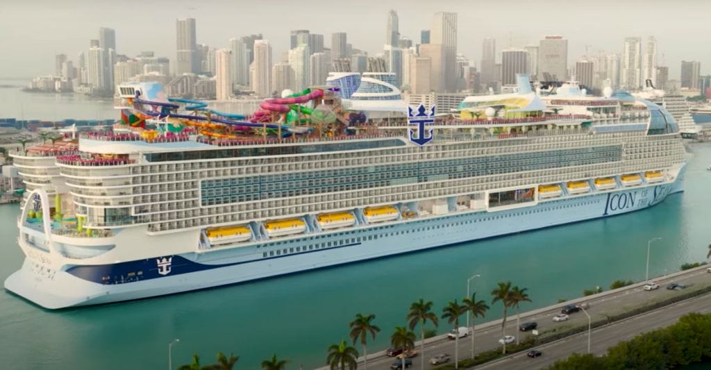 Icon of the Seas dwarfs Miami and waterparks seen from side