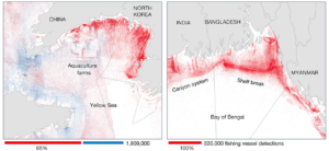 partial map of dark fleet of industrial fishing shown as red dots on coastlines