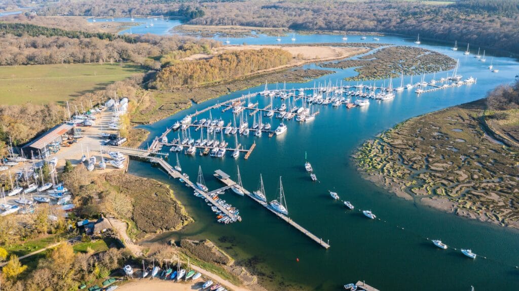 Aerial view of marina on UK coast