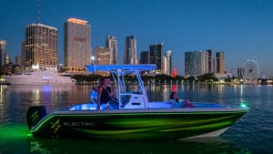 Forza boat at night in Miami