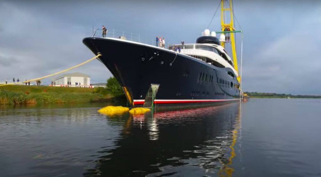 Yacht reportedly owned by Mark Zuckerberg with black bow pointing to viewer