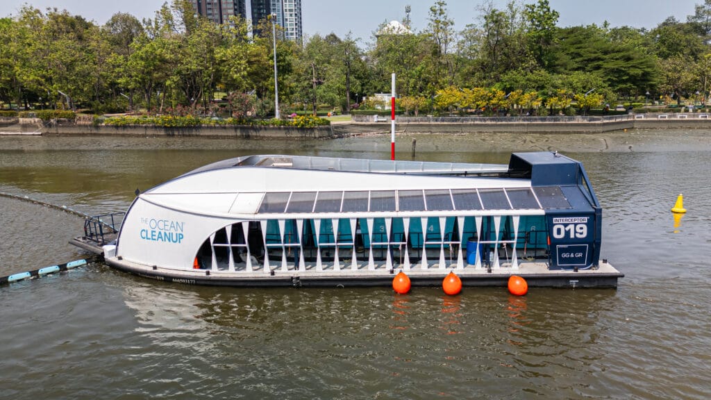 Ocean Cleanup boat on  river in Bangkok