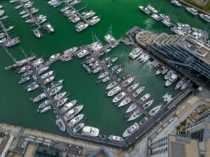 Ocean Village Marina during South Coast & Green Tech Boat Show from the air, Southampton