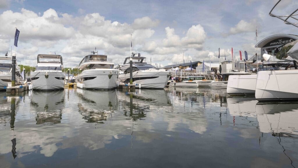 motor yachts lined up in Swanwick Marina for boat show