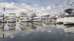 motor yachts lined up in Swanwick Marina for boat show