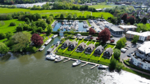 An overhead view of boats and berths at Chertsey where Freedom Boat Club is now offering access to the River Thames