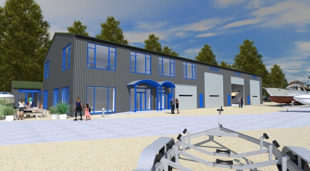 rendering of modern blue boat shed