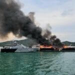 Obsession II superyacht on fire in Phuket.