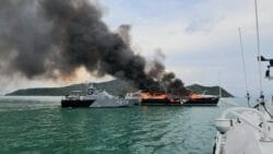 Obsession II superyacht on fire in Phuket.