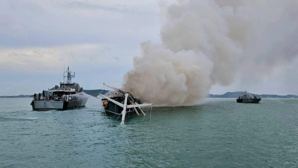 Obsession II superyacht on fire in Phuket.