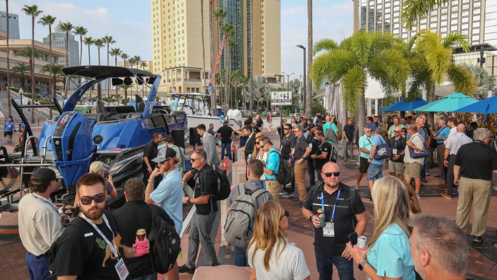 Crowds at sunny outdoor exhibition