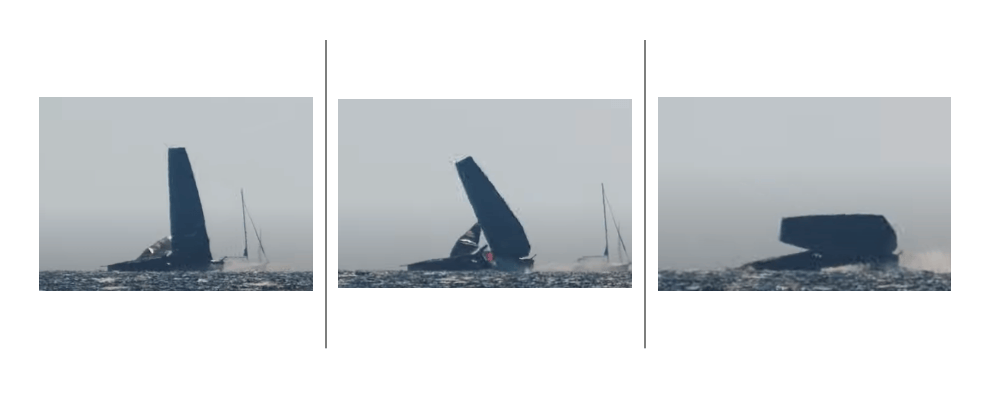 sequence of pictures showing the demasting of AC75. Alinghi Red Bull Racing