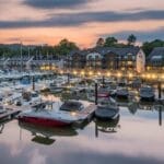 Pretty Lake Windermere Marina Village at dusk
