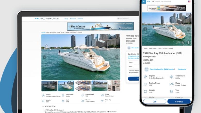 Computer and phone representation of how Boat Group marketplace looks for selling boats cross-border