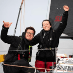 Carlos Manera Pascual and Rebecca Coles celebrate second place in Mini Fastnet Race