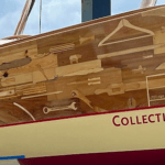 Close up details of boat made of 1200 wooden items including coat hanger and spanner