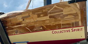 Close up details of boat made of 1200 wooden items including coat hanger and spanner