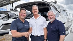 From left: Freedom Marine vice president Denis Barnard, Riviera owner Rodney Longhurst and Riviera West Coast sales manager Rob Scott.
