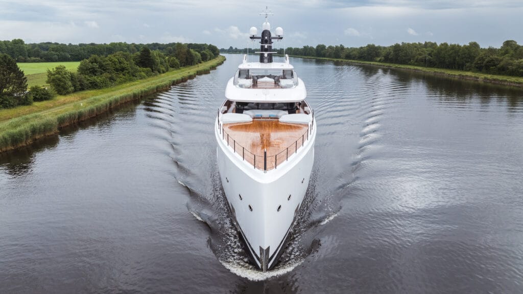 Lürssen's 82m superyacht Haven travels down a waterway in Germany.