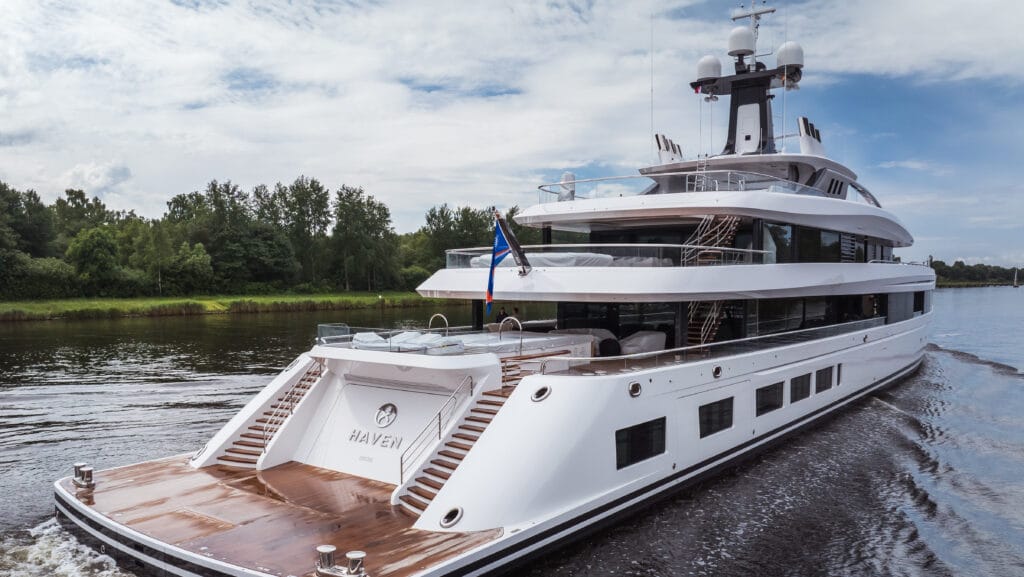 Lürssen's 82m superyacht Haven travels down a waterway in Germany.