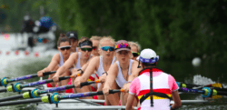 View of rowers from behind cox as River Thames said to be suffering from E-coli ahead of Henley Royal Regatta