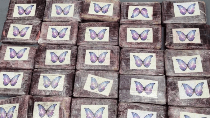 packets of cocaine after being found by boater in Florida with butterfly logo on front.
