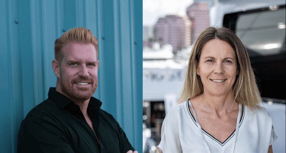 A man stands in front of a blue backdrop and a woman stands in front of a boat. They are the new leaders of MarineMax's superyacht division