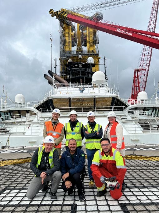 Students from IKEA with Ruth Campbell, port chaplain in Tilbury, and course instructor Hazel Sivori on deck of cargo ship