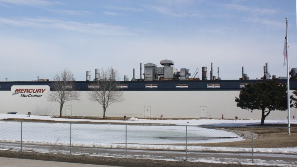 One of Mercury Marine’s Fond du Lac properties is seen from I-41 in 2010. (Photo courtesy of Royalbroil/WikimediaCommons)