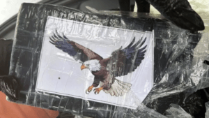 Package of cocaine wrapped with cellophane covering image of bald eagle
